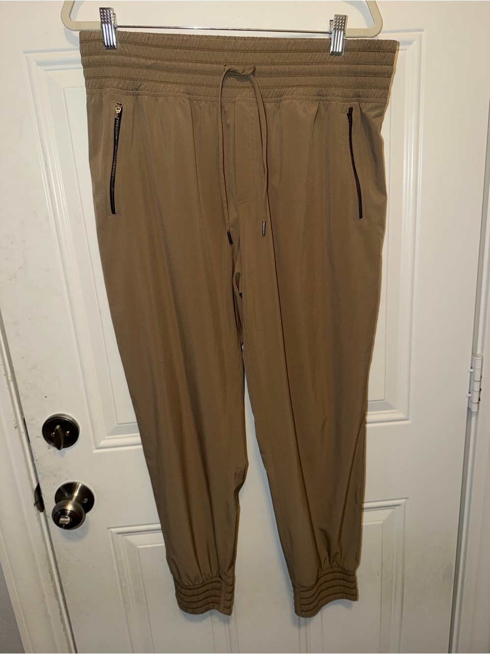Women’s Tan Jogger Pants with Elastic Waist and Zip Pockets